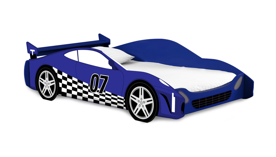 Legare Furniture Kids Room Twin Bed in Blue and White Checkered Flag Race Car Theme