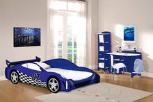 Load image into Gallery viewer, Legare Furniture Kids Room Twin Bed in Blue and White Checkered Flag Race Car Theme
