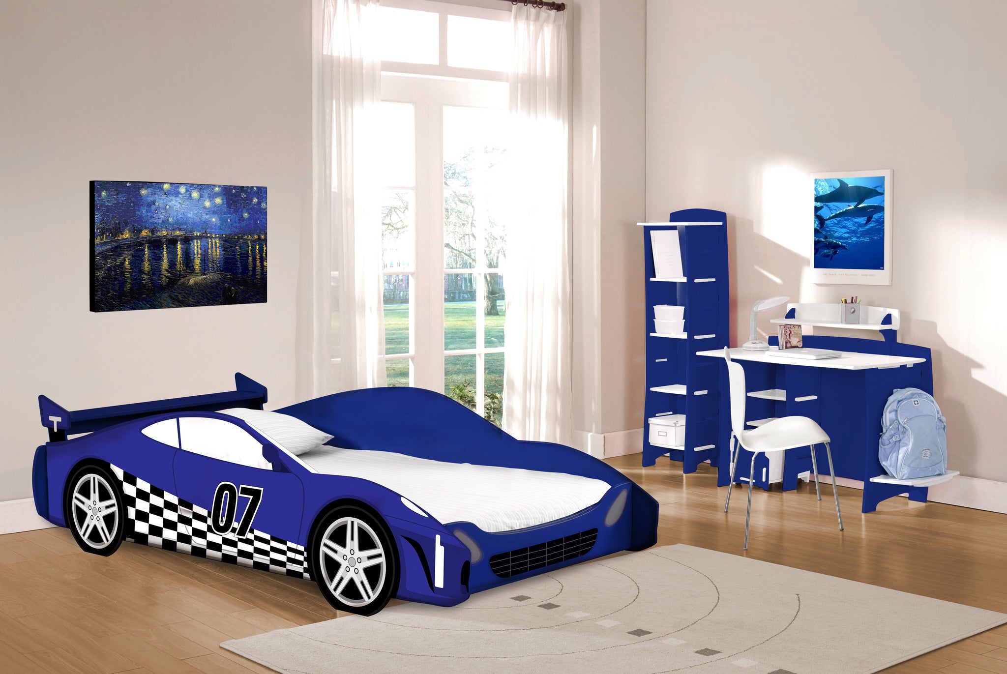 Legare Furniture Kids Room Twin Bed in Blue and White Checkered Flag Race Car Theme